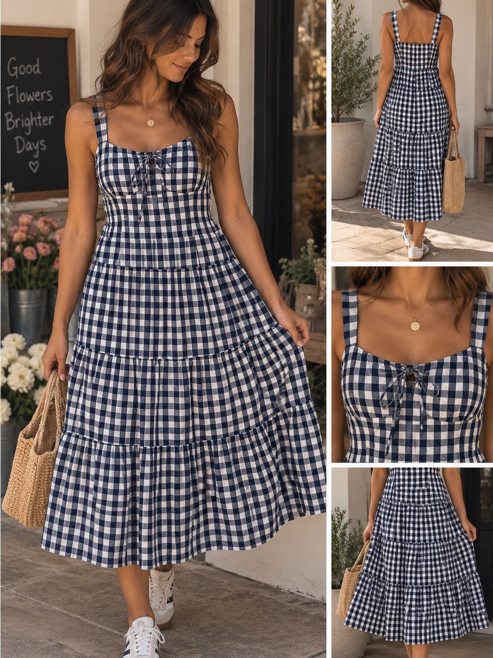 Who What Wear Navy & White Gingham Tie-Front Midi Dress